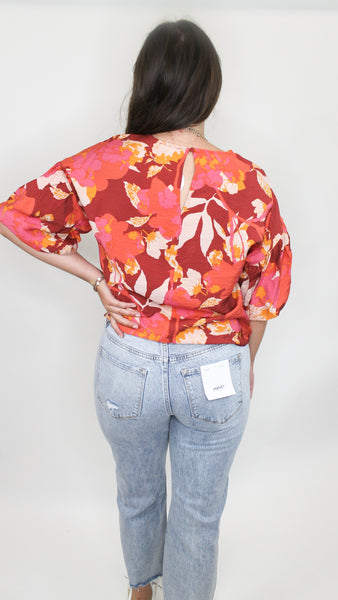 Win My Heart Floral Print Short Balloon Sleeve Top