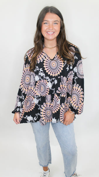 Feeling The Fun Woven Boho Print Long Sleeve Top