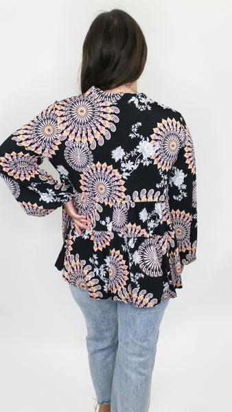 Feeling The Fun Woven Boho Print Long Sleeve Top