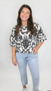 Hope Of It All Vintage Scroll Printed Ruffle Short Sleeve Top