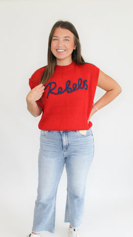 "Rebels" Red Embroidered Sleeveless Sweater Top