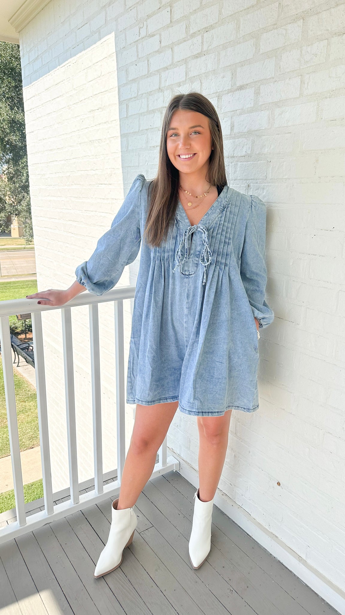 "Tell Me You Love Me" Pleated Front Tie Denim Romper With Pockets