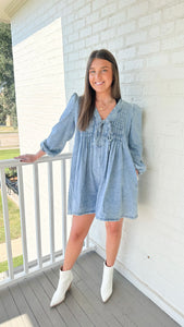 "Tell Me You Love Me" Pleated Front Tie Denim Romper With Pockets