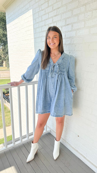 "Tell Me You Love Me" Pleated Front Tie Denim Romper With Pockets