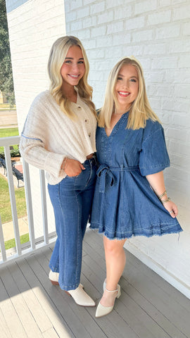 "Trying Your Best" V-Neck Waist Band Denim Dress