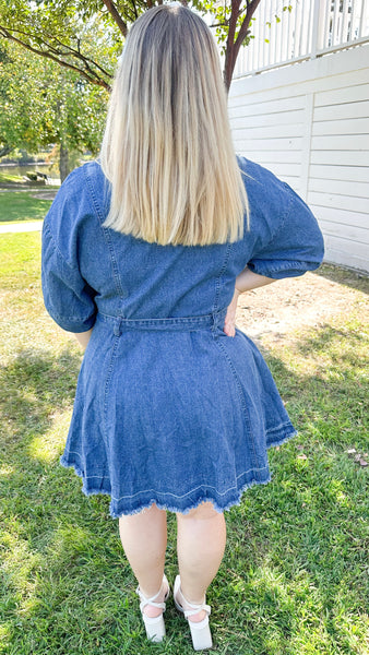 "Trying Your Best" V-Neck Waist Band Denim Dress