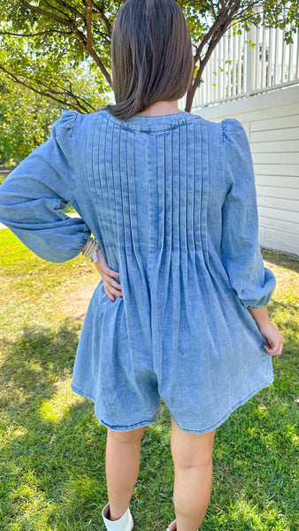 "Tell Me You Love Me" Pleated Front Tie Denim Romper With Pockets