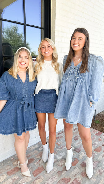 "Tell Me You Love Me" Pleated Front Tie Denim Romper With Pockets