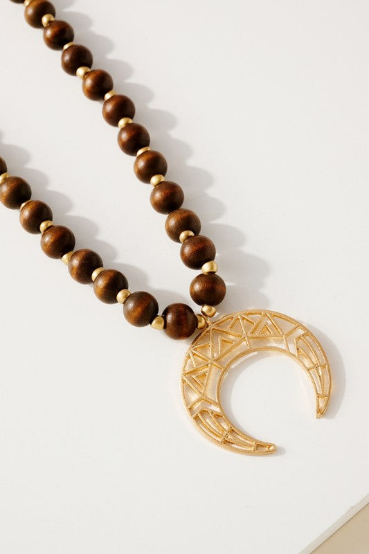 Wood Bead Crescent Pendant Necklace